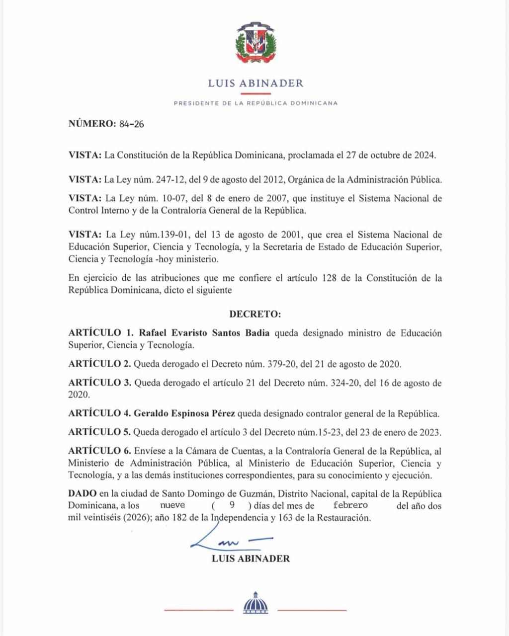 Presidente Abinader designa nuevas autoridades en Educación Superior y Contraloría.